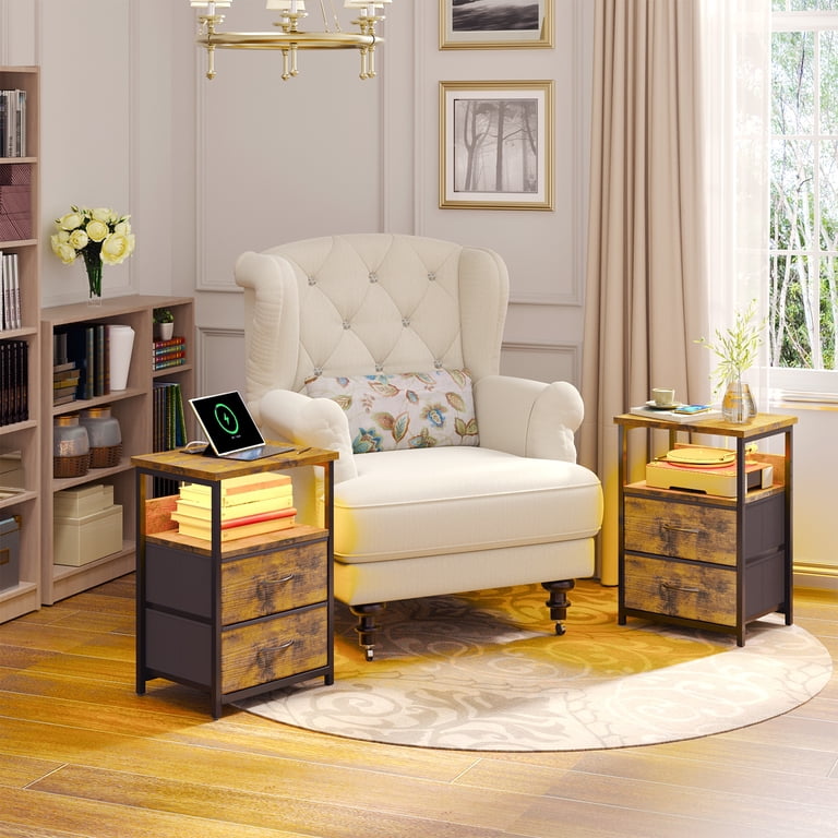 Tomnk Set of 2 Nightstands with Charging Station, Rustic Brown photo 7