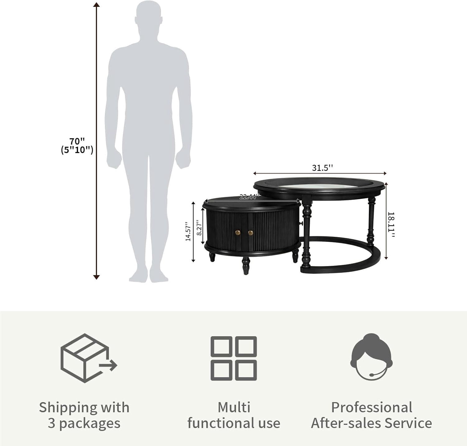 LKTART Nesting Coffee Table for Living Room,Round Tempered Glass Solid Wood Nest Coffee Tables with Storage,Retro Small Accent Center Table
