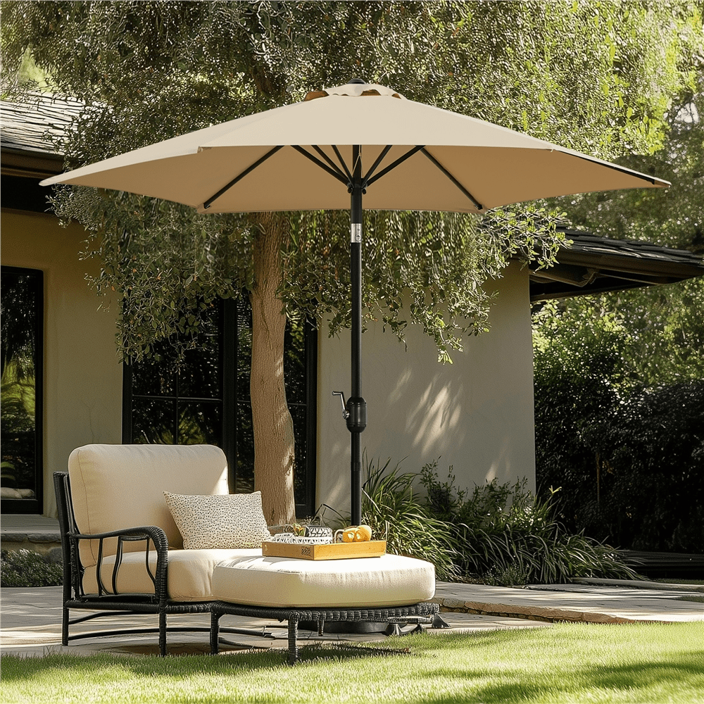 Renwick 9 ft Outdoor Patio Umbrella with Push Button Tilt and Crank, Tan