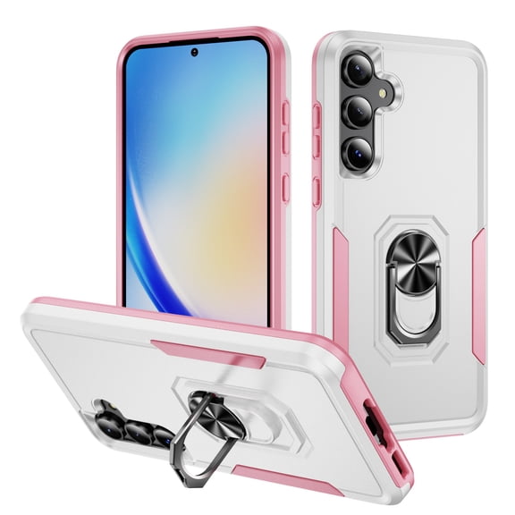 for Samsung Galaxy A05S Case, Slim Fit Military Grade Drop Tested Dual Layer Shockproof Case with 360 Ring Holder Kickstand Protective Rugged Car Magnetic Non-Slip Phone Case,White Pink