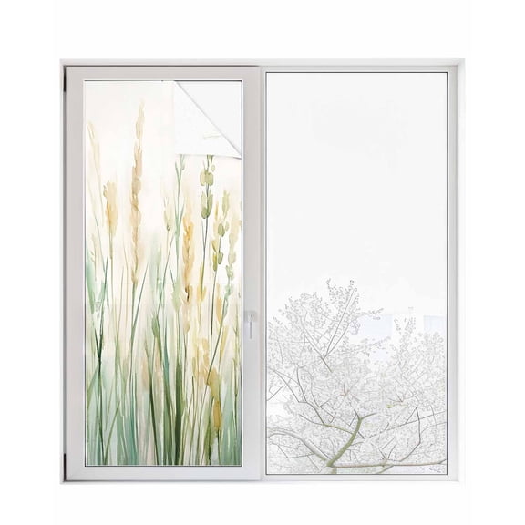Window Privacy Film Spring Green Leaf Stained Glass Window Film Decorative Sun Block Window Cover Botanical Watercolor Plant Window Clings Static Adhesive Sticker for Bathroom 23.6"x59"