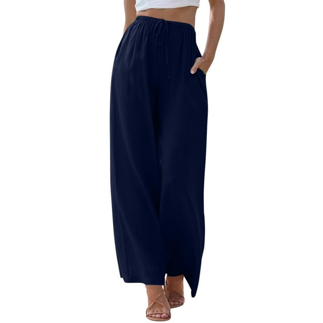WEIYLL Summer Pants for Women High Waisted Wide Leg Drawstring Elastic Pockets Dark Blue Trousers size S