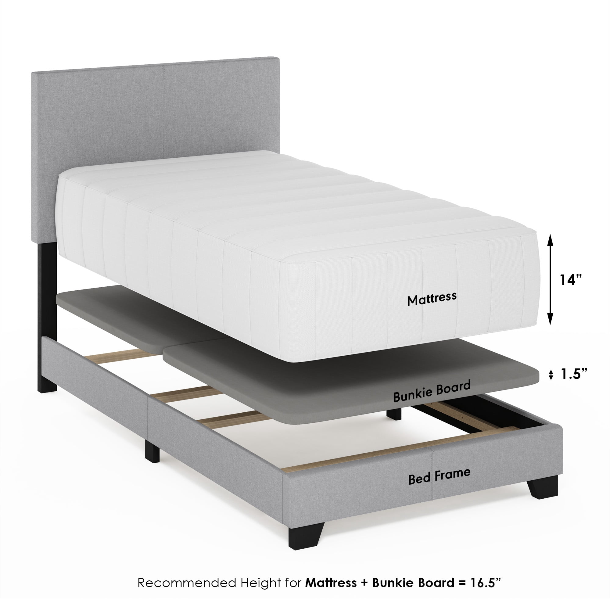 Furinno PESSAC Twin Upholstered Bed Frame with Fabric Headboard and Wooden Slat Support, Light Grey