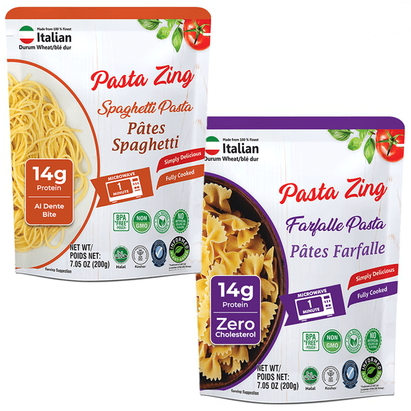 Pasta Zing Microwavable Variety Pasta Pack of 7 | 3x Farfalle | 4x Spaghetti | Microwave Pasta Ready To Eat in 60 Sec - Fully Cooked -100% Durum Wheat 7.05 Ounce
