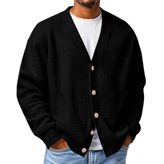 LYSMORA Men's Waffle Knit Cardigan V Neck Button Front Long Sleeve Knitted Sweater