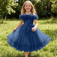 thumbnail image 5 of SGFCWSX Girls Formal Dress Off Shoulder Ruffle Tulle Ball Gown Lace Appliques Floor Length Wedding Flower Girl Birthday Dresses Navy Size 7-8 Years, 5 of 6