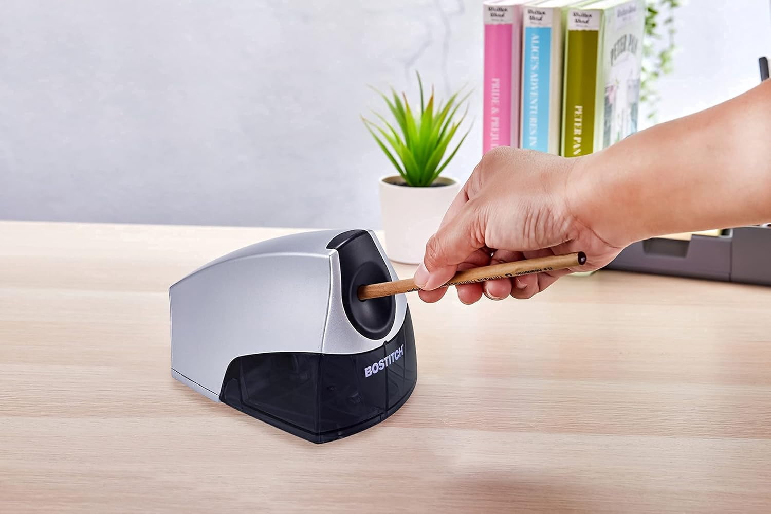 Office Electric Pencil Sharpener for Classroom & Desk Use, Heavy-Duty Stall-Free Motor, High-Capacity Shavings Tray, Silver