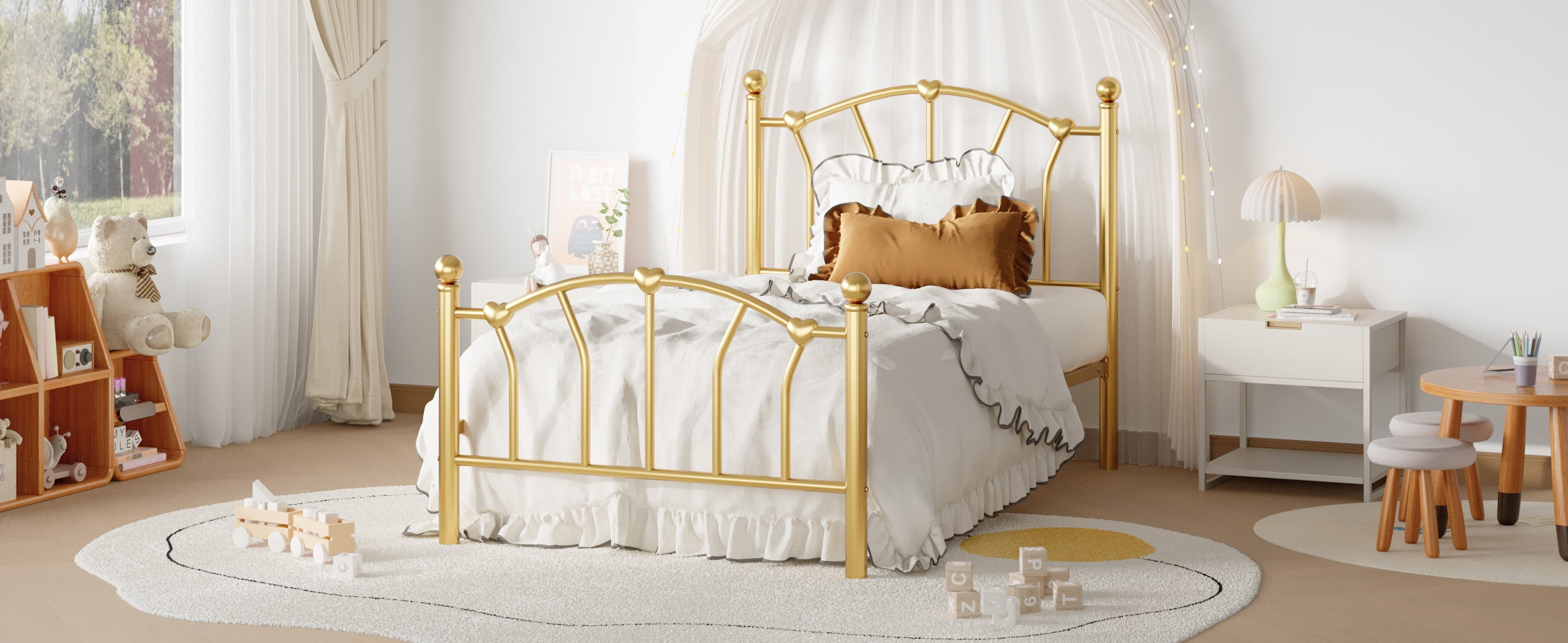 SHA CERLIN 14 Inch Twin Size Metal Platform Bed Frame with Heart Shaped Iron-Art Headboard/Footboard, Under Bed Storage, Noise Free Mattress Foundation, Easy Assembly, Gold