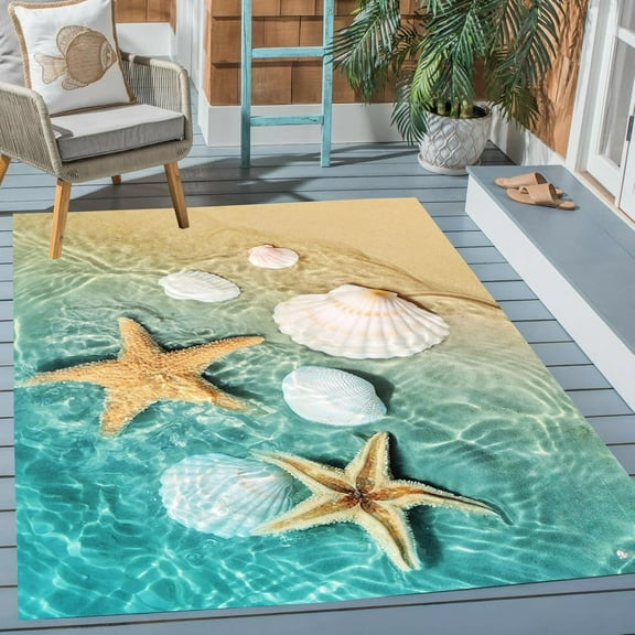 Star Fish Shell Ocean Beach 3D Illusion Outdoor Area Rug 2'x3' Blue Beige Waterproof Reversible Carpet for Patio Backyard Deck Balcony Livingroom Bedroom Rug