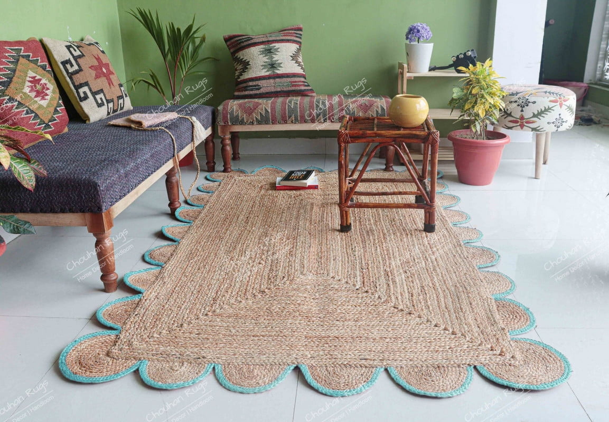 Chouhan Rugs Natural Jute Turquoise Scalloped Rug Bohemian Rug Decor Rug Handwoven Rug Custom Rug Decorative Rug