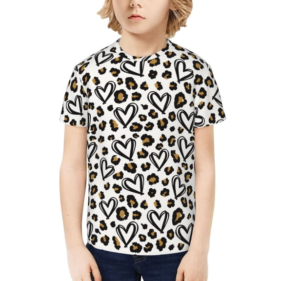 Fuzoiu Heart Leopard Print Boys' Casual T-Shirt,Crewneck Undershirts,Boys Athletic Shirt,Short Sleeve T-Shirts for Outdoor Play