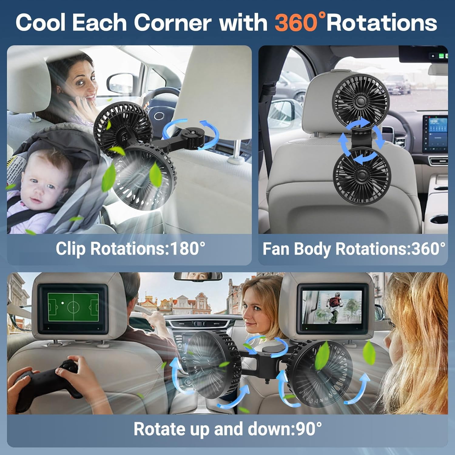 aomogo Dual Head Card Cooling Fan for Back Seat, Usb Powered 3 Speeds 12V Rotatable Car Seat Headrest Fan Car Accessories Cooler That Blow Cold Air for Sedan Suv Rv Truck