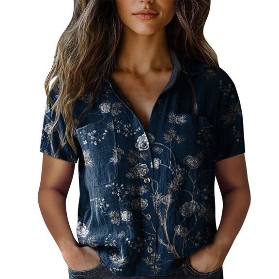 ZJXFGS Womens Fall Clothes Women Clothing Y2k Button Up Shirt Women Short Sleeve Shirts For Wome Comfort Color Sweatshirts Shirts For Women Womens Tops Dressy Casual Blue S