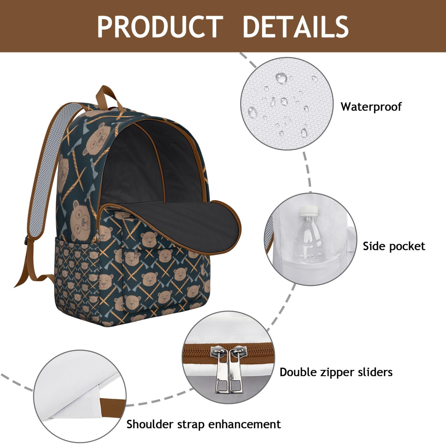 Cartoon Bear School Backpack, Waterproof Bookbag with Aesthetic Brown and Polar Bear Pattern, Perfect for Teens