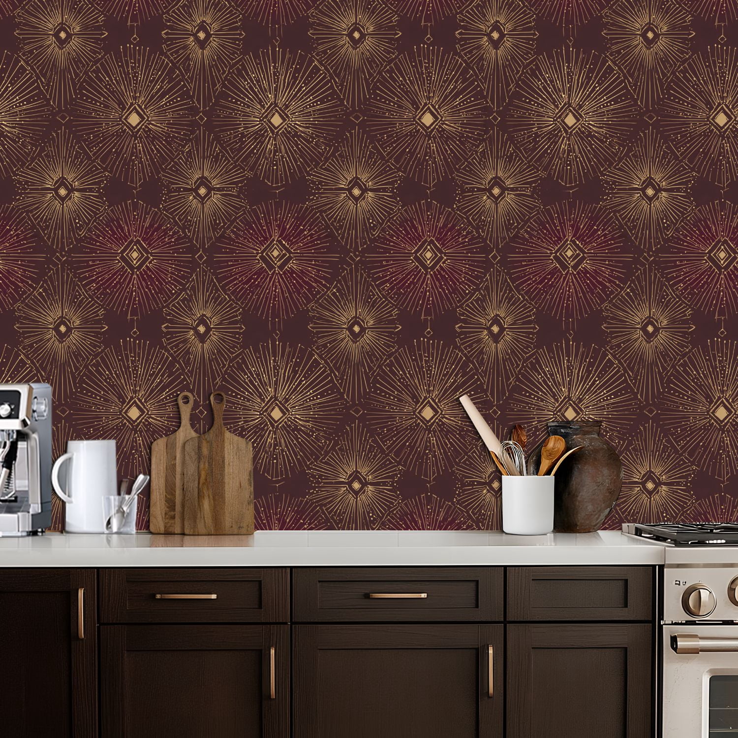 Peel and Stick Wallpaper Geometric Art Sunburst Gold Dark Brown vintage Wall Mural 17.7in x 9.8ft Self Adhesive Removable Wall Paper Renter Friendly Wallpaper for Girls Women Bedroom Livingroom