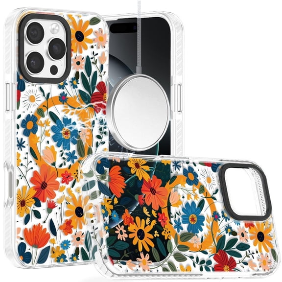 For iPhone 16 Pro Max 6.9 Beautiful Magnetic Hybrid IMD Design Case - Orange Blue Rustic Floral
