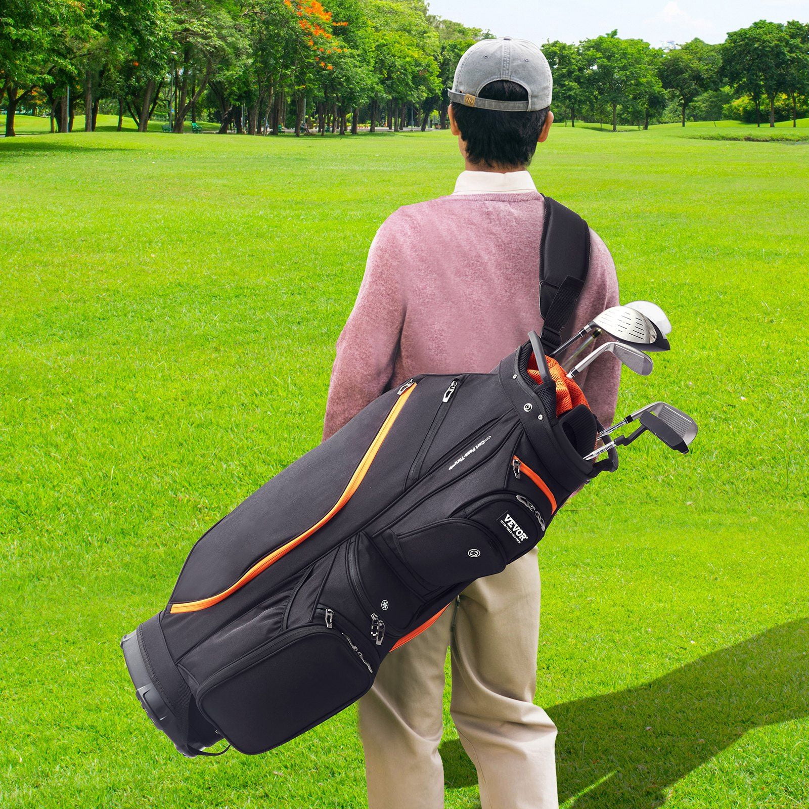 Golf Cart Bag with 14 Way Organizer Divider Top, 36' 13 Pockets Premium Cart Bag, Durable Golf Bags with Handles & Dust Cover & Detachable Straps for Men & Women, Black & Orange