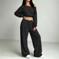 thumbnail image 6 of BRELIL Women's Two Piece Outfits Sets Long Sleeve Crop Top Wide Leg Elastic Waist Pants Casual Lounge Matching Tracksuit Fall Travel Vacation Loungewear, Black L, 6 of 7