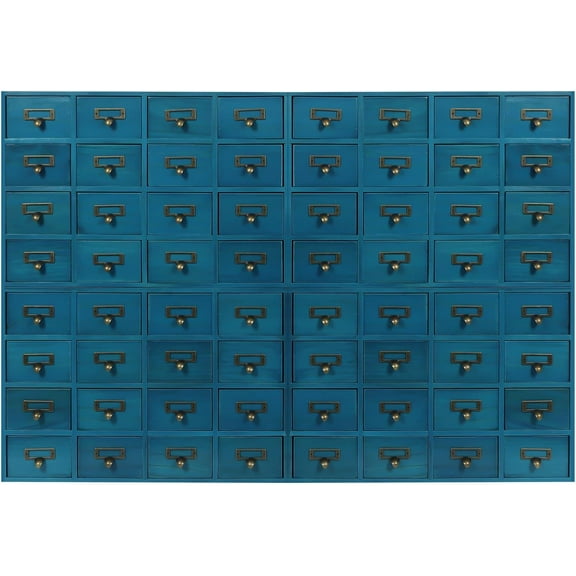 64-Drawer Wooden Cabinet, Tabletop Library Card Catalog Cabinet w/Label Holders Handles, Rustic Herb Apothecary Storage Box, Desk Drawer Organizer Medicine Furniture, (4Pcs 16 Drawers), Blue