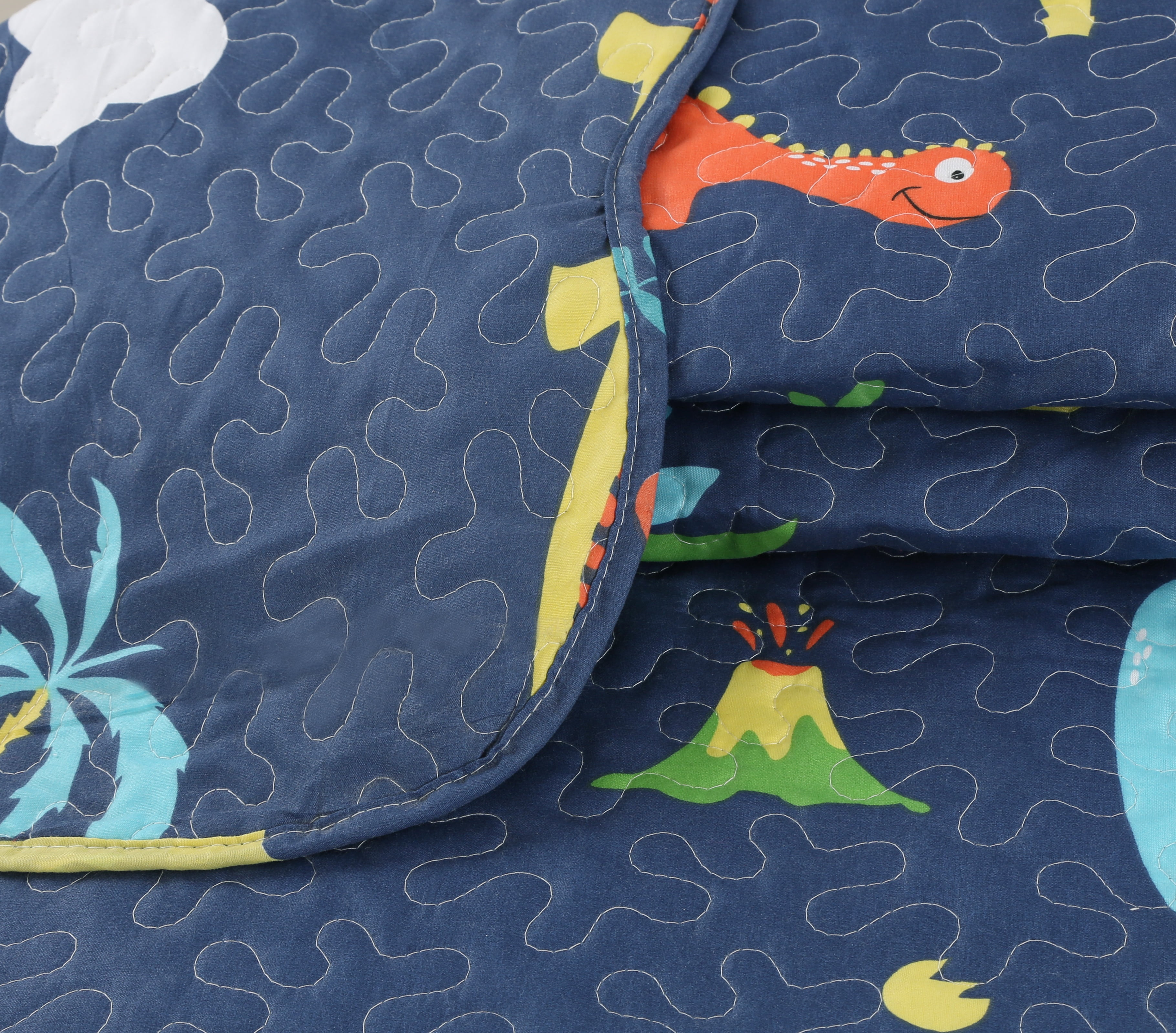 Marina Décoration Literie d'été ultra douce avec couvre-lit et taie d'oreiller matelassée, motif de dinosaures bleu marine