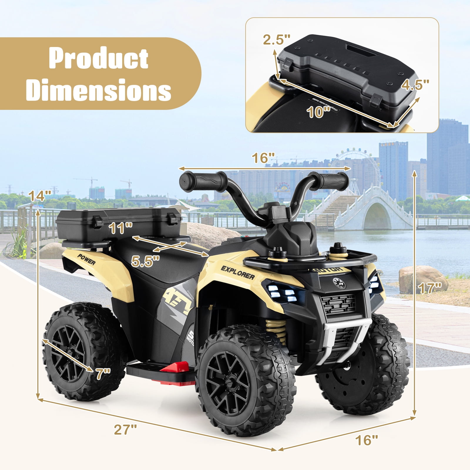Costway 6V Toddler Ride On Electric Car ATV with Lights & Music & USB Port Storage Box Toy Car Khaki