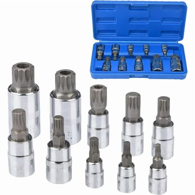 10pc M4 - M18 Torx Spline Bit Socket Set - Triple Square Socket Set with Storage Case