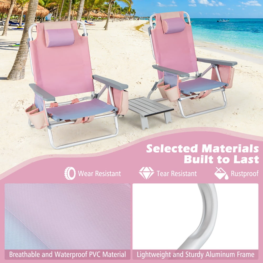 Aimee Lii 2 Packs 5-Position Outdoor Folding Backpack Beach Table Chair Reclining Chair Set, Outdoor Patio Furniture, Pink