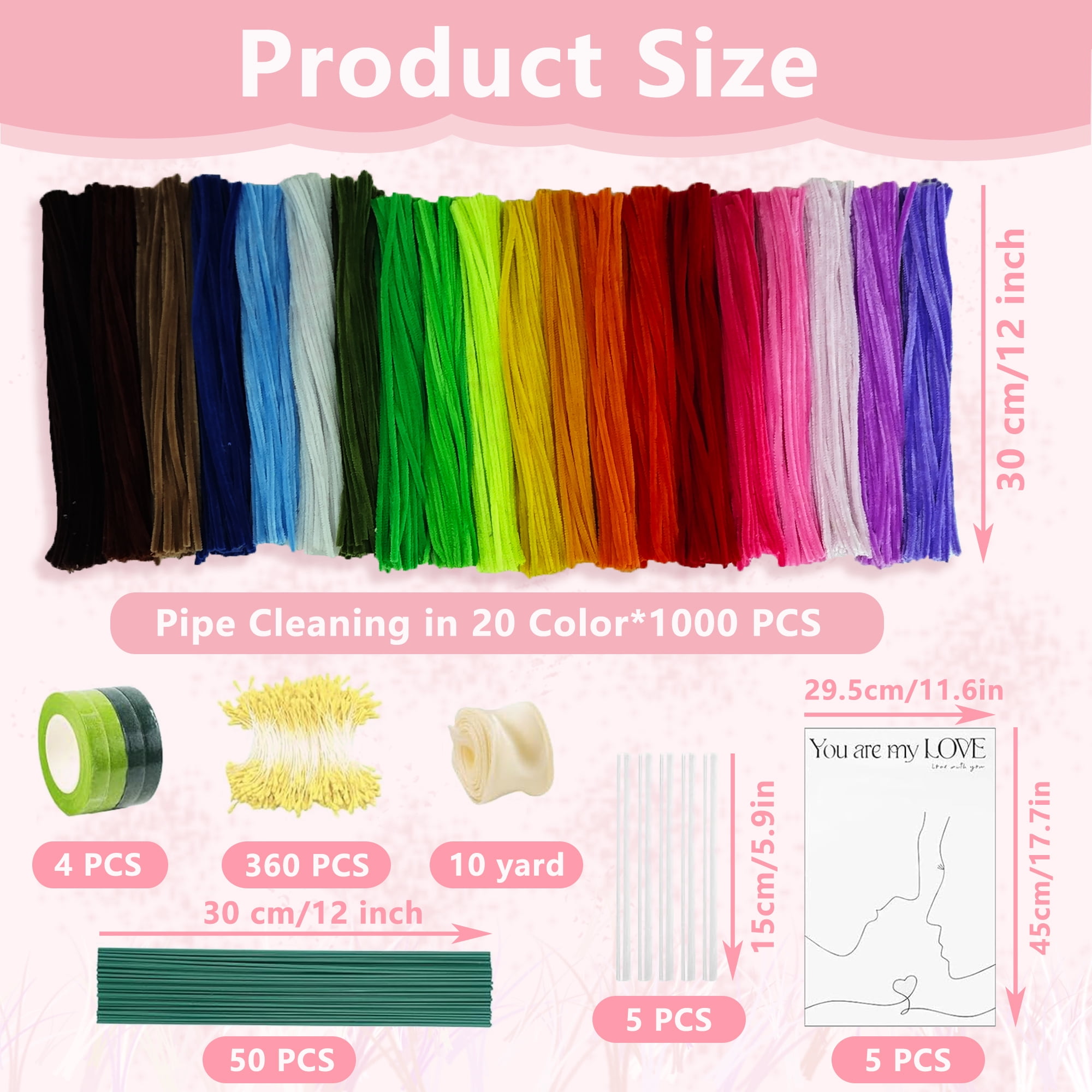 1000 Pcs Pipe Cleaners Assorted 20 Colors 12 inch Chenille Stems Flower Making Kit with Floral Wires,Tape,Ribbon,DIY and Crafts Projects and Decorations Limpia Pipas para Manualidades