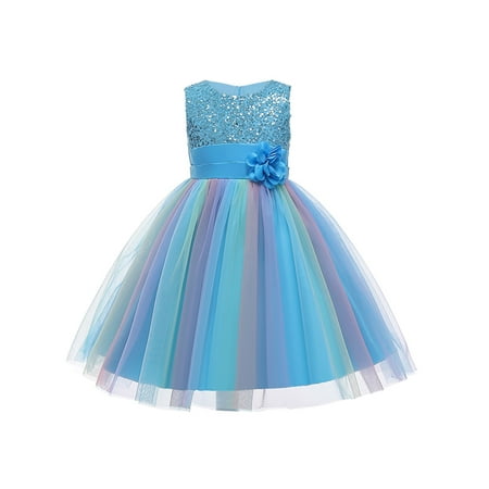 

Nokpsedcb Kids Girls Formal Dress Flower Sequins Round Collar Sleeveless Princess Dress Blue 4-5 Years