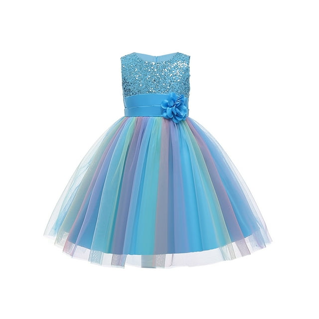 Xingqing Enfants Filles Robe Formelle Fleurs Paillettes Col Rond Robe de Princesse Sans Manches