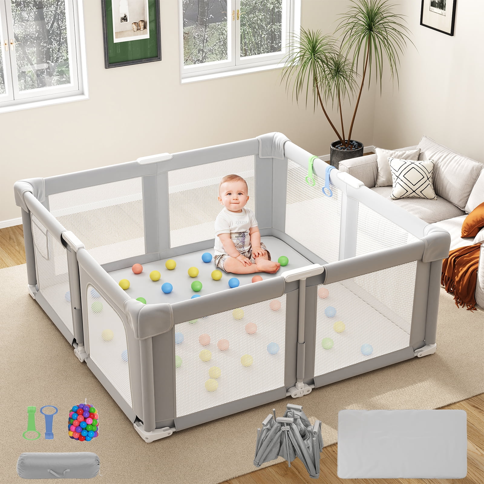 Baby Playpen 51" x 51", Play Pens for Babies and Toddlers Baby Fence Play Yards for Indoor & Outdoor with Breathable Mesh Anti-Fall Playpen, Gray