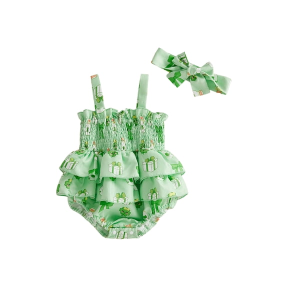 My First St.Patrick's Day Baby Boy Girl Outfit Shamrock Bow Print Sleeveless Layered Ruffled Smocked Romper Jumpsuit 0 3 6 12 18 24 Months Infant Clothes Set