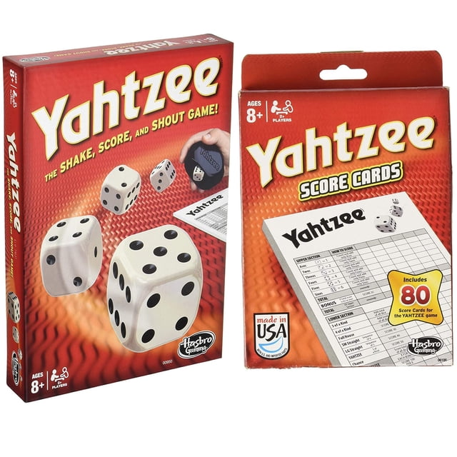 juego de mesa ptp yahtzee + score pads 80 cards Caja frontal del juego Yahtzee junto al paquete de Score Pads de 80 cartas; vista centrada con dados blancos de puntos negros, vaso plástico para lanzar dados y una hoja de puntuación impresa visible con categorías como Full House y Chance. Producto aislado sobre fondo claro.