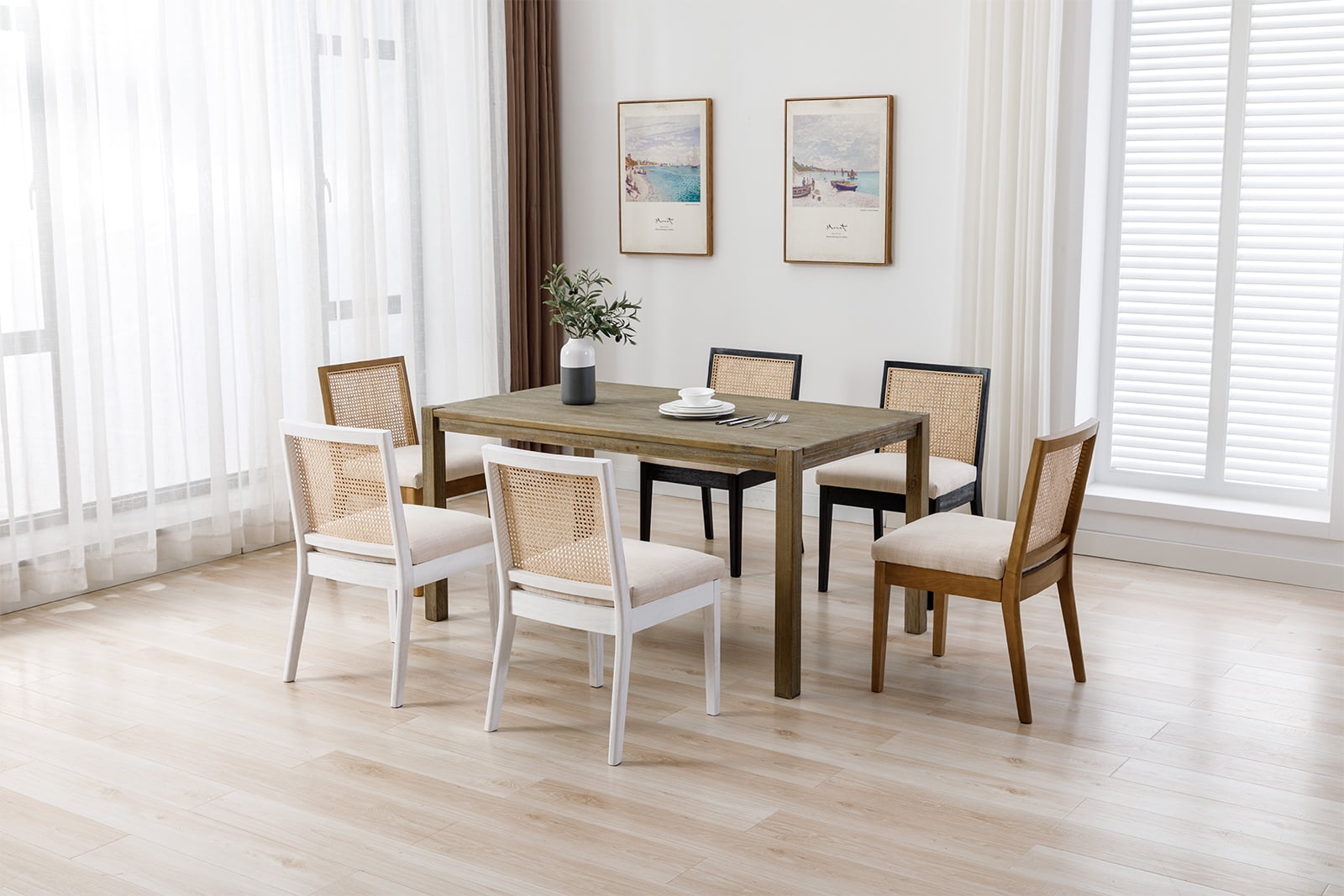 Dayalane Farmhouse Rattan Dining Chairs Set of 2, Mid Century Modern Dining Side Chairs with White Hardwood Frame, Linen Upholstered French Country Kitchen Chairs for Dining Room Bistro, Beige