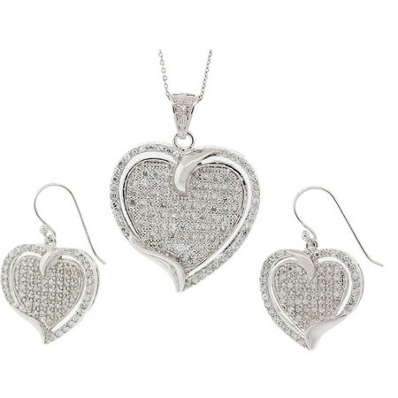 Pori Jewelers Micro-Pave CZ Sterling Silver Heart Earring and Pendant Set