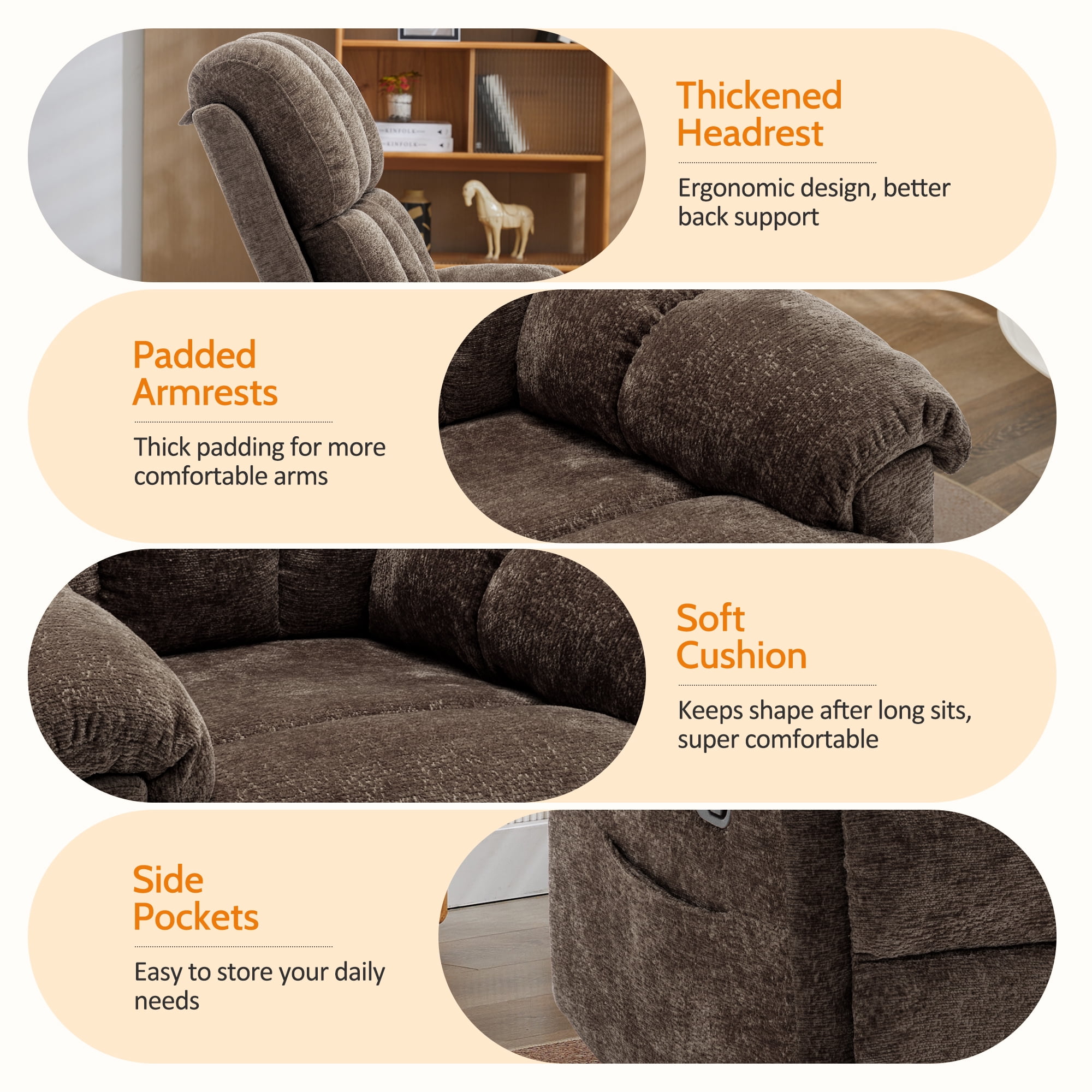 Korser Small Recliners for Small Spaces,Swivel Rocker Recliner Chair with Side Pockets for Living Room,Brown