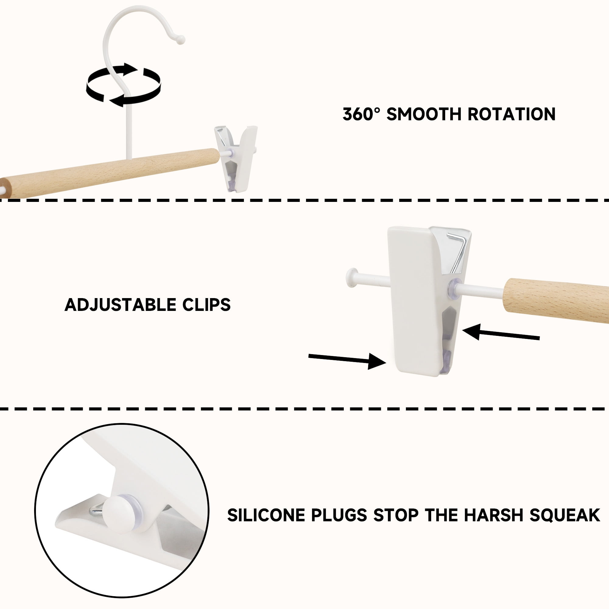 BP4U 12-Pack Metal Pants Hangers with Adjustable Clips, Premium Beech Wood Skirt Bottom Hangers for Trousers, Jeans, Shorts, Socks(White)