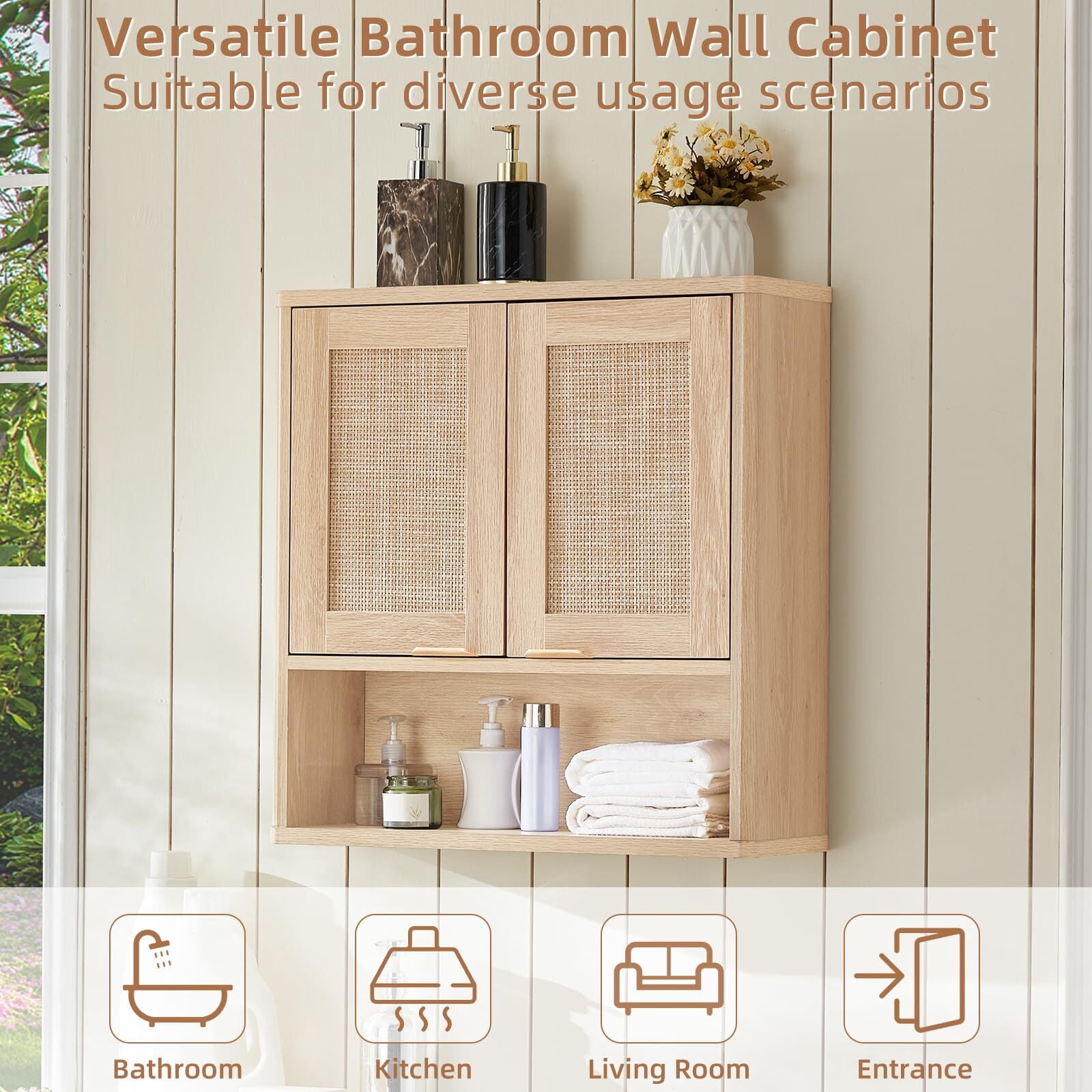 LELELINKY Rattan Wood Bathroom Wall Cabinet with Adjustable Shelf, Boho Medicine Cabinet for over Toilet Storage, Laundry Room, Natural