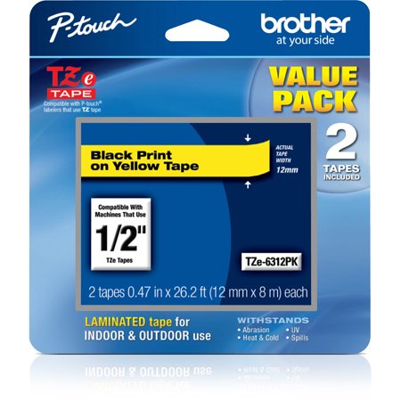 Brother TZE631 Laminated Tape for P-Touch Labelers (Black on Yellow, 0.47" x 26.2', 2-Pack)