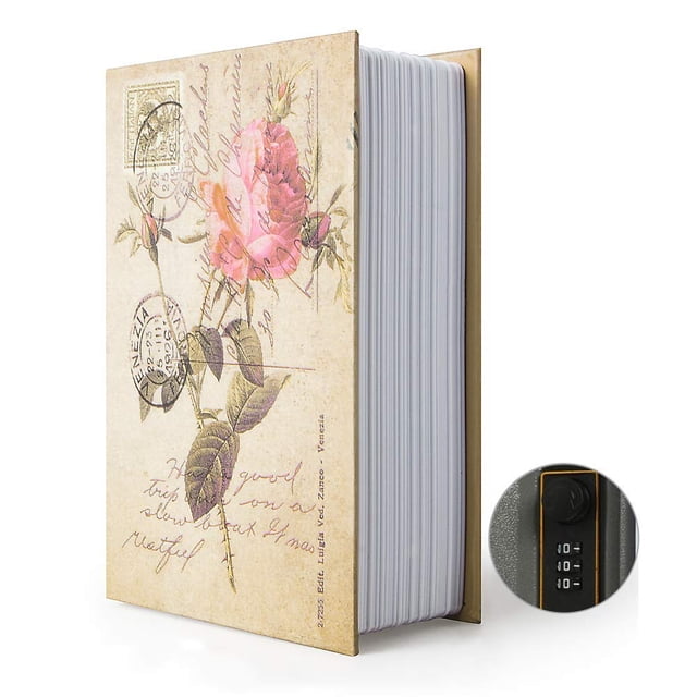 WJCA Combination Lock Book Safe Box with Hidden Compartment, Discreet Security Storage for Valuables, Rose Design