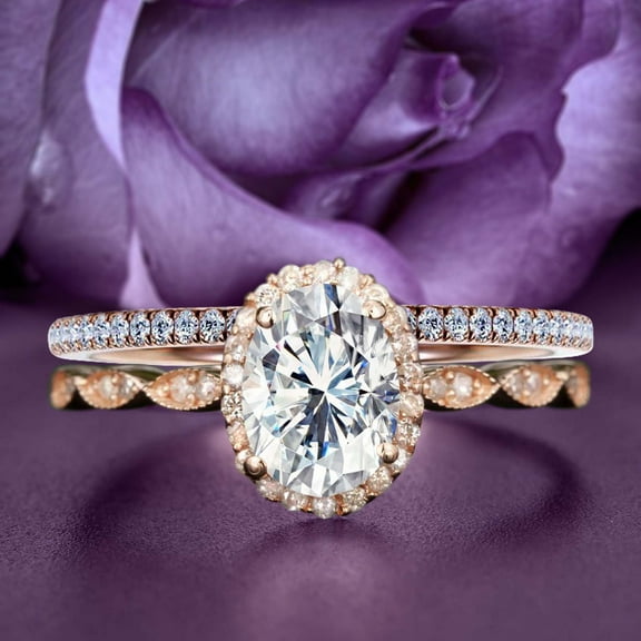 Art Deco 2.25 Carat Oval Cut Diamond Moissanite Classic Engagement Ring, Halo Wedding Ring in 10k Solid Rose Gold, Gift For Her, Wife Gift, Promise Ring, Anniversary Ring, Bridal Set, Matching Band