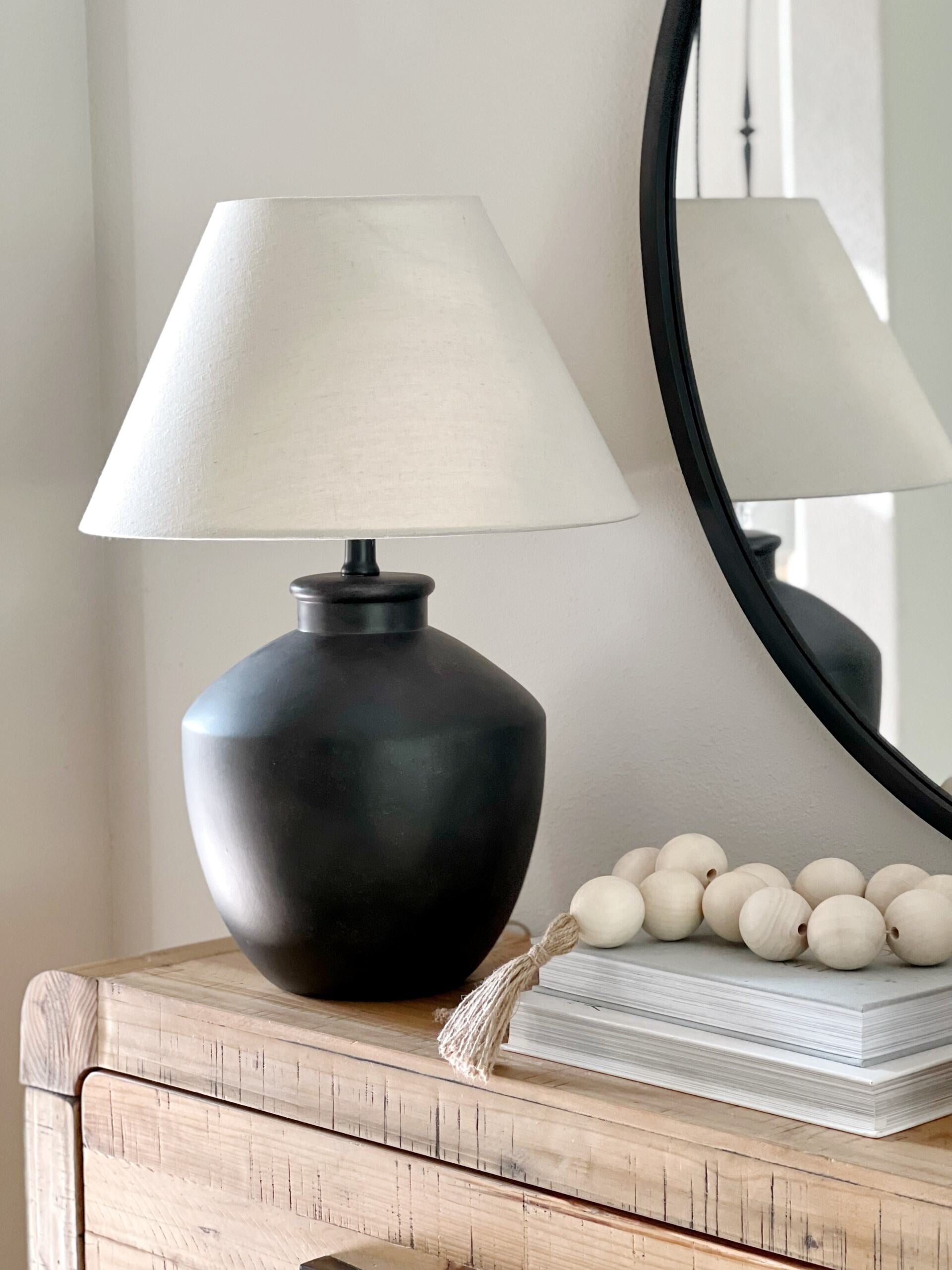 My Texas House 22'' Table Lamp with White Fabric Empire Shade Transitional Table Light Fixture for Living Room, Bedroom or Office, Black
