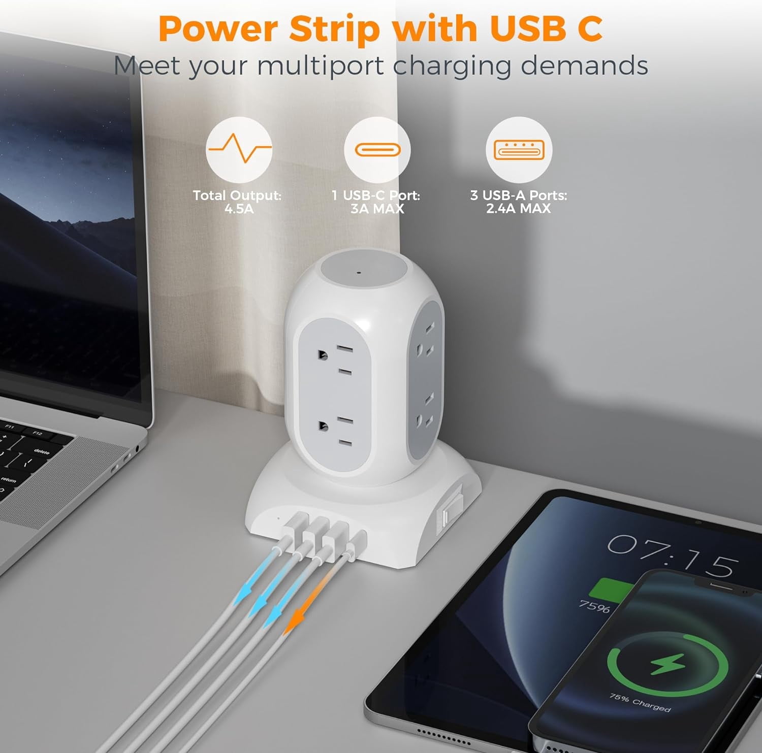 10Ft Surge Protector Power Strip Tower 8 Outlets 3 USB & 1 USB C Ports,1050J Protection Desk Charging Station for Home, Office ,School, Dorm Room,Gery