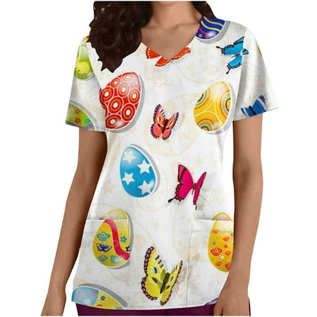

atinetok Cute Easter Scrubs Tops for Women Bunny Summer Shirts T-Shirts Fashion Casual Short Sleeve V Neck Women s Blouses