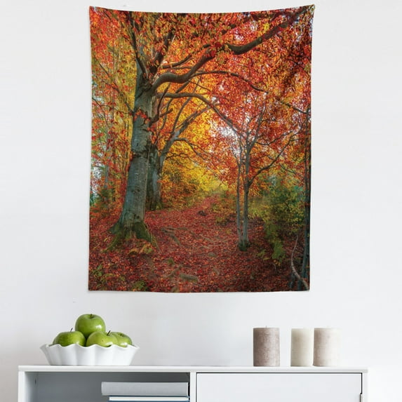 Autumn Scenery Tapestry, Rumbling Trees of the Silent Hill in the Fall Season Forest Illustration, Fabric Wall Hanging Decor for Bedroom Living Room Dorm, 5 Sizes, Multicolor, by Ambesonne