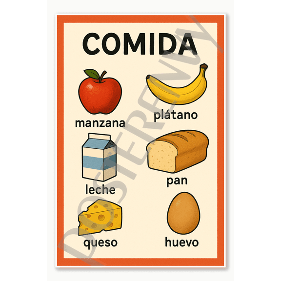 Spanish Vocabulary Food Comida Poster - 18 inch x 12 inch
