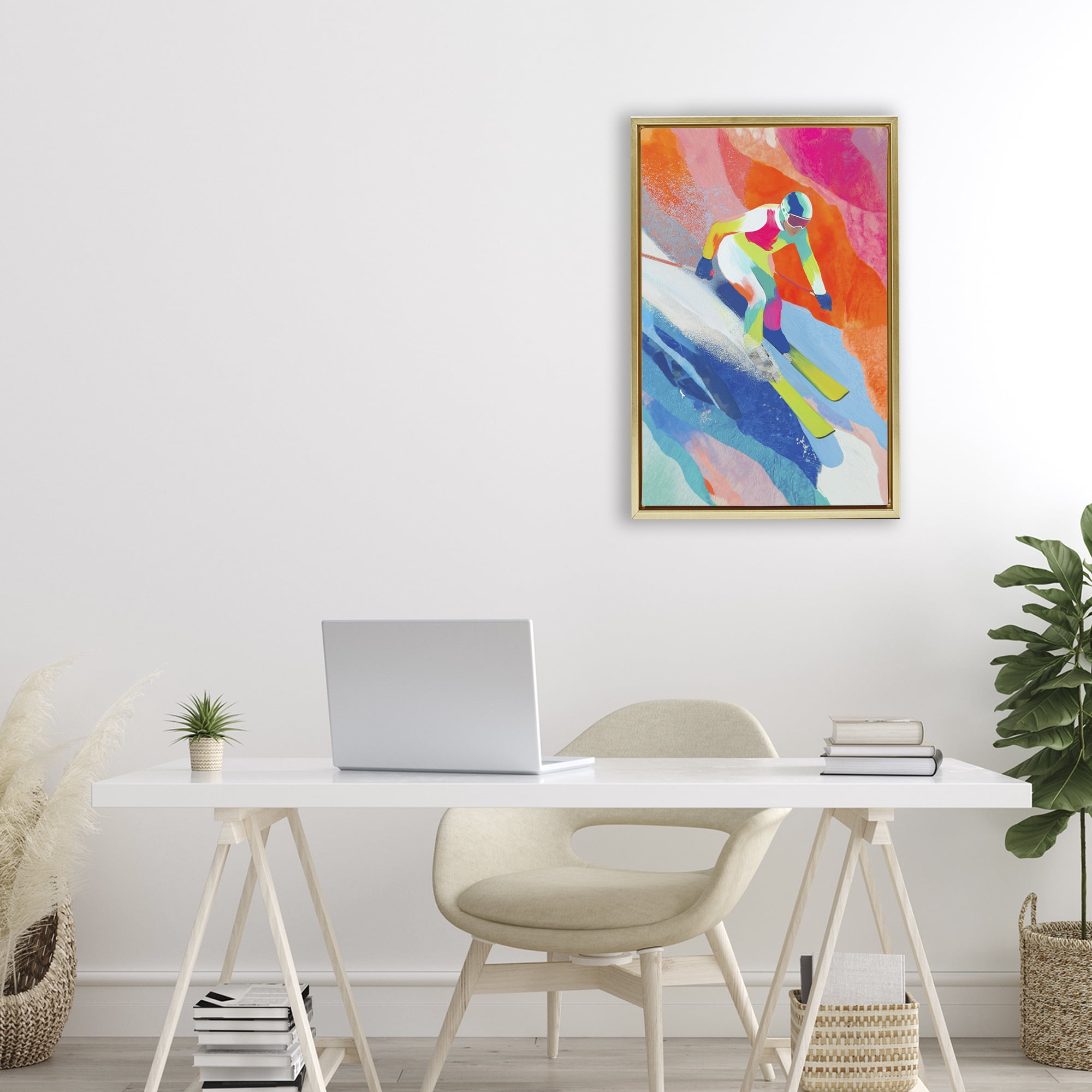 Stupell Industries Skiing Down Neon Slopes Gold Framed Floater Canvas Wall Art, design by Chromatic Storm Studio
