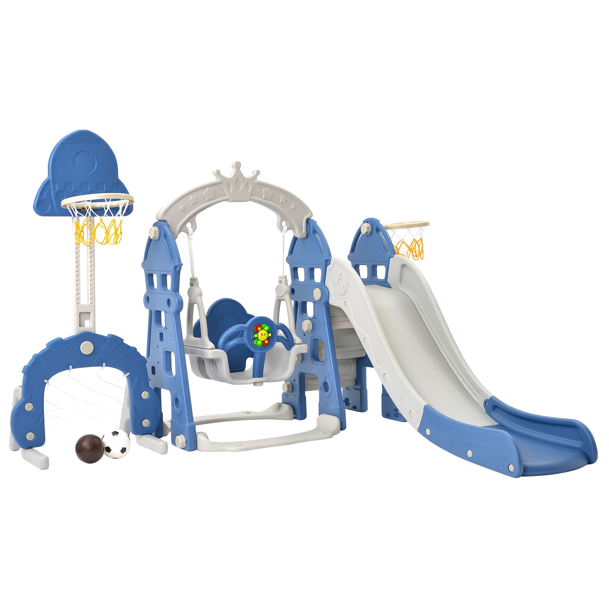 EUROCO 6 in 1 Toddle and Swing Set with Adjustable Swing and Slide Height, Rocket Swing Set with Basketball Stand
