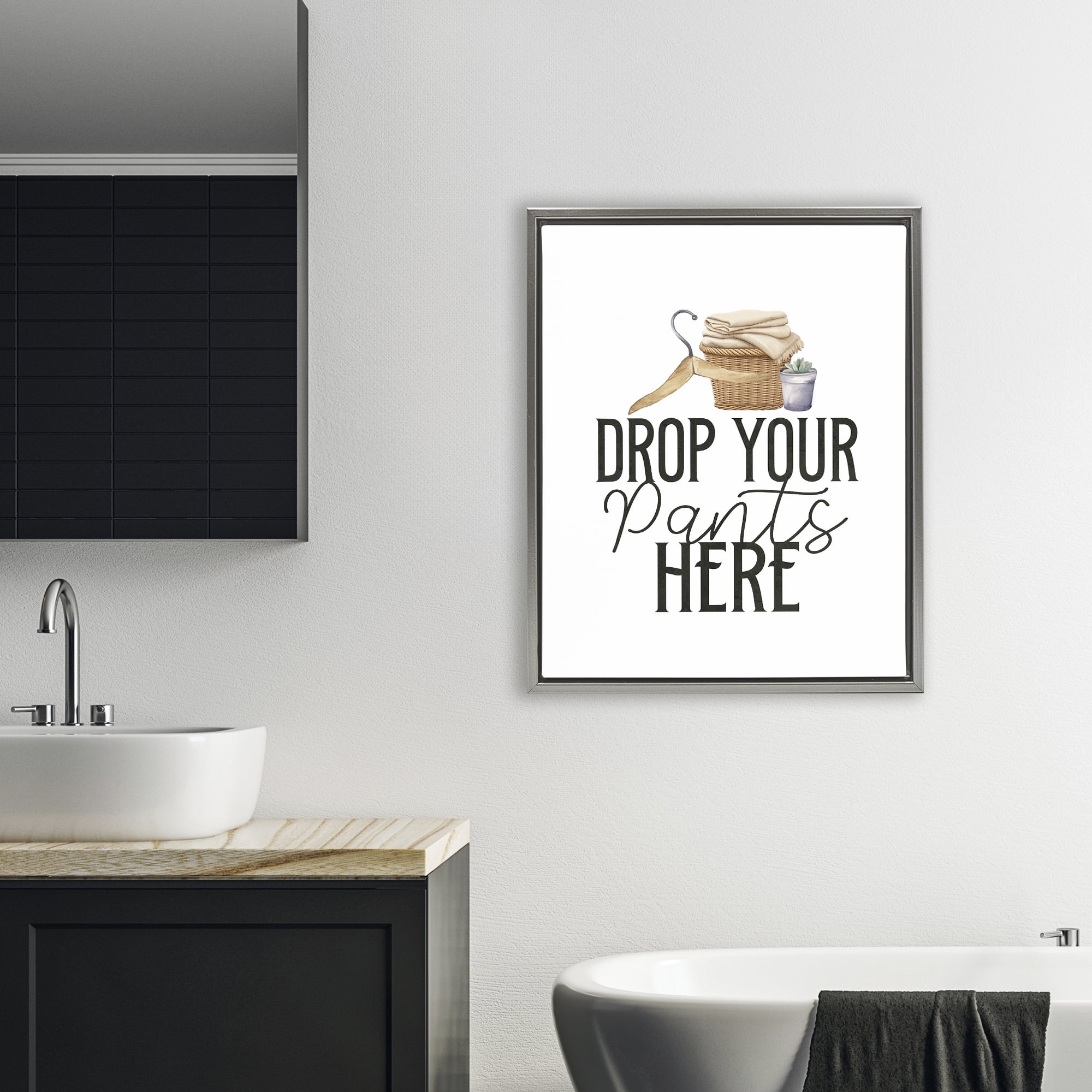 Drop Your Pants Here Minimal Gray Framed Floater Canvas Wall Art, design by Kim Allen