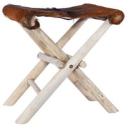 Walmeck Folding Stool Real Leather and Solid Teak Wood